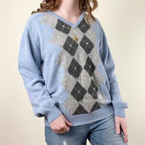 Vintage Pringle Of Scotland Argyle V-Neck Peppy Tennis Sweater Prep Embroidered